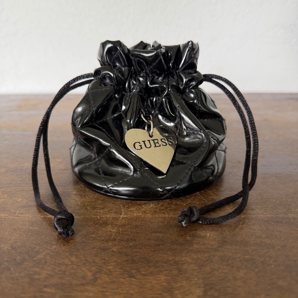 Guess Patent Leather Drawsting Purse Bag Clutch Y2K Black Coin Small Mini